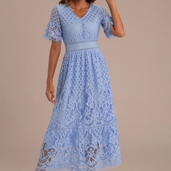 Petallush Dresses & Skirts - Half Sleeve V Neck Button Detail Lace Embroidery Midi Dress